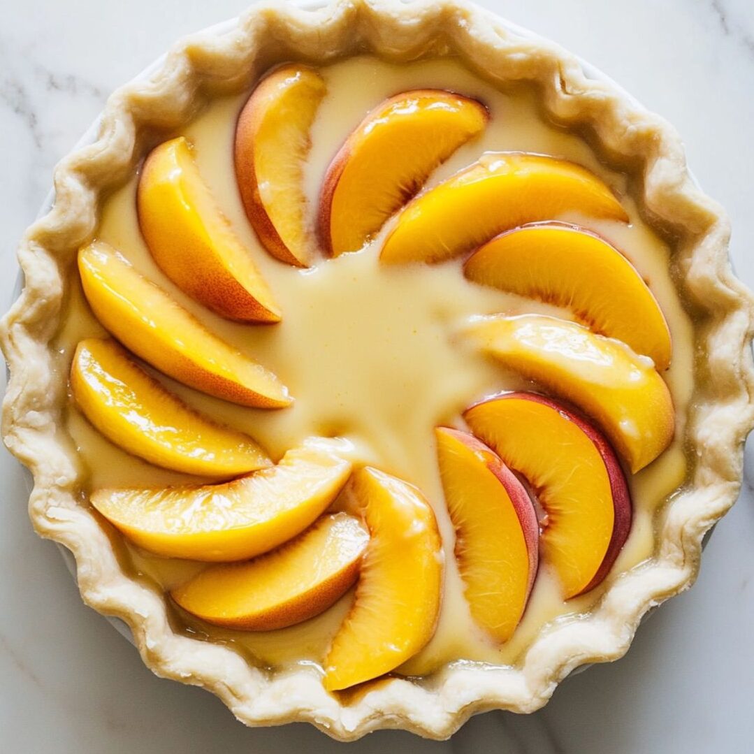 Sliced peaches arranged in pie crust with custard poured over on a marble counter, ready to go into the oven.