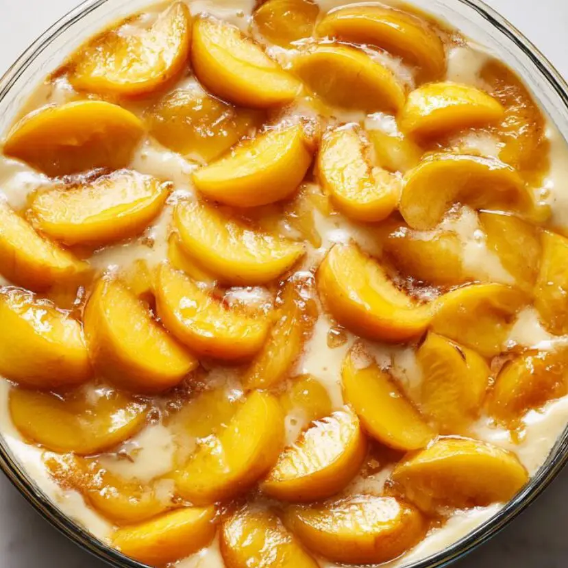 Unbaked cobbler pudding with peaches layered over batter