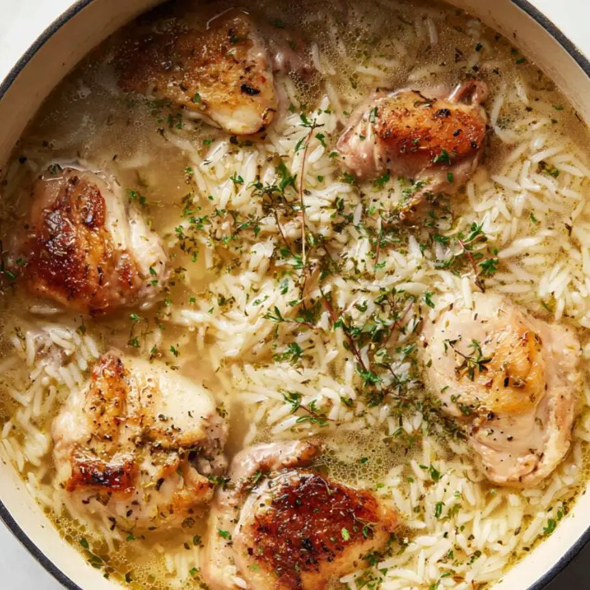 Simmering chicken and rice with broth in a Dutch oven