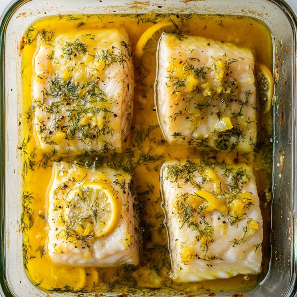 Cod fillets marinating in lemon dill sauce inside a glass baking dish.