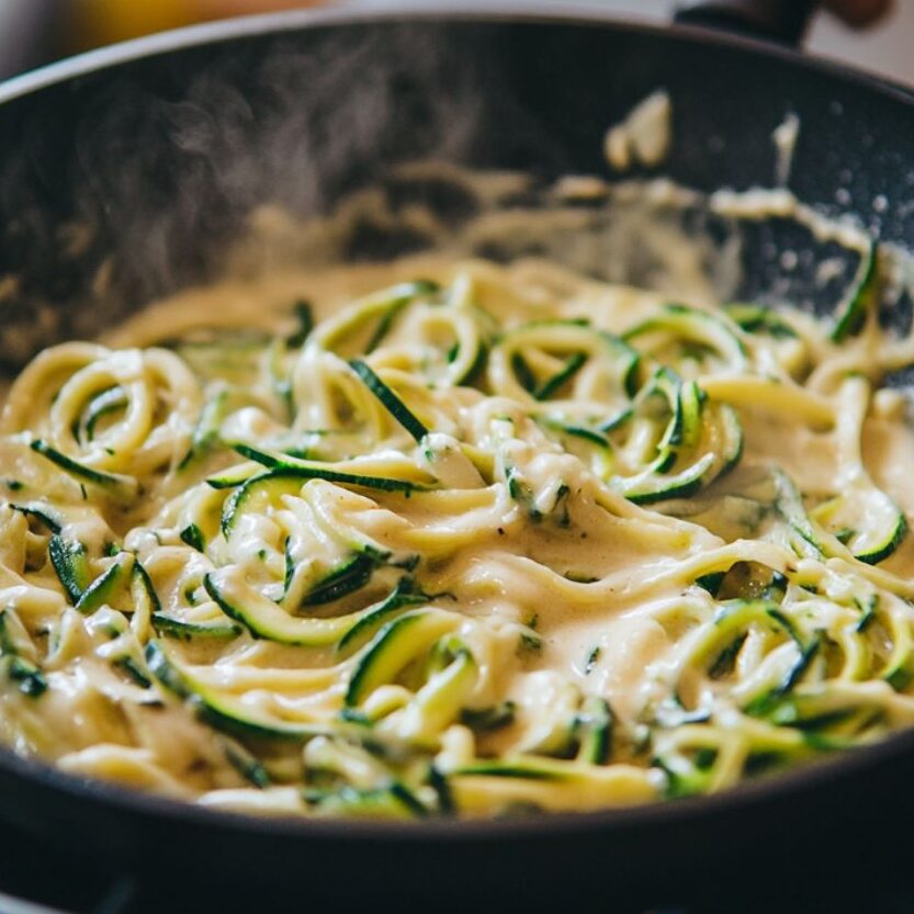 Zucchini noodles tossed in alfredo sauce in a pan on stovtop.