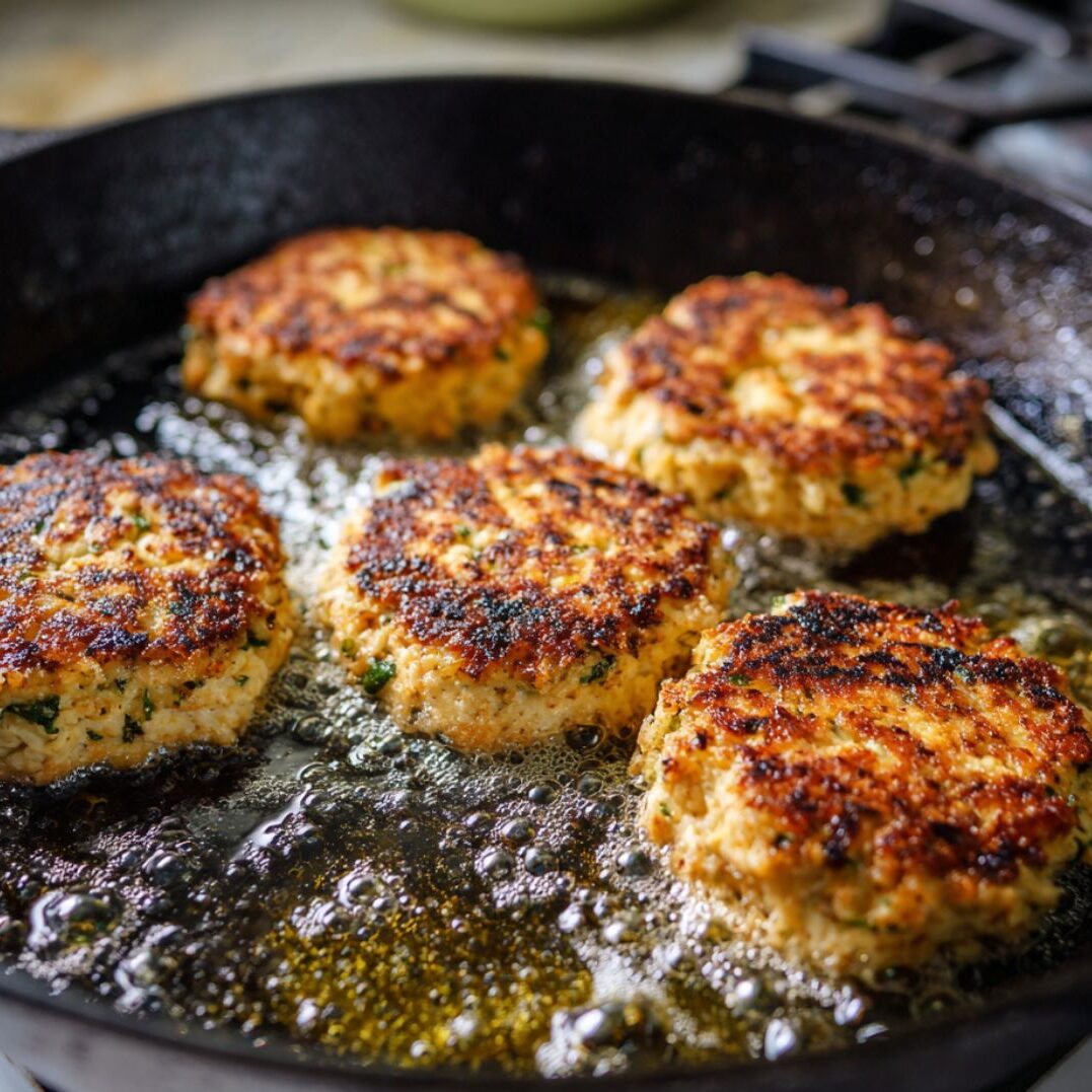 Chicken feta patties cooking in a pan, forming a golden crust.