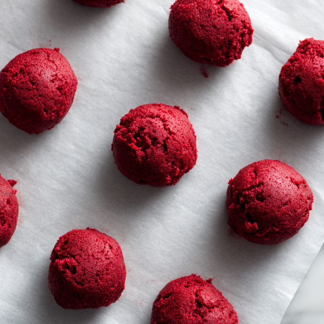 Raw red velvet cookie dough balls on parchment paper ready to bake