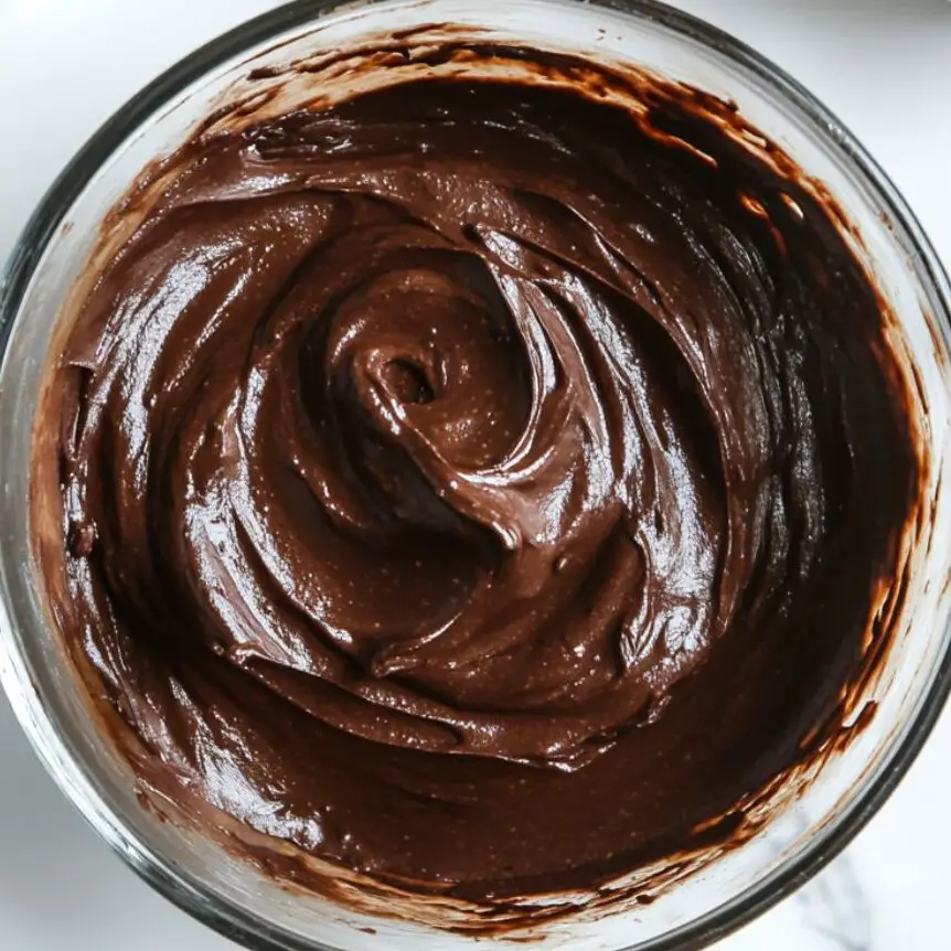 Silky dark chocolate mousse ready to chill in glass bowl