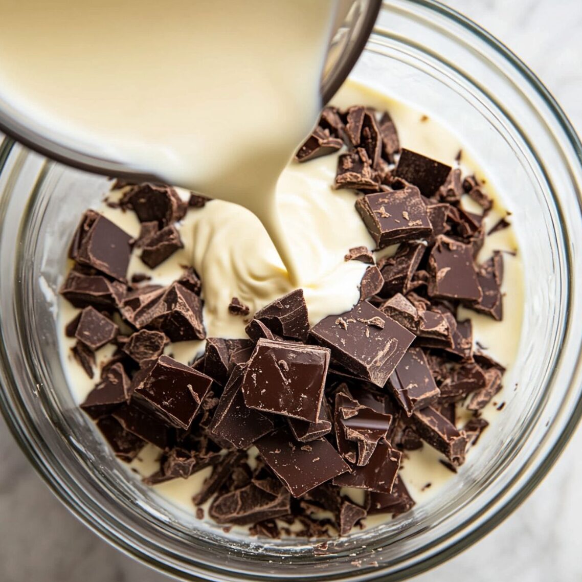 Pouring warm cream into chopped dark chocolate to make ganache