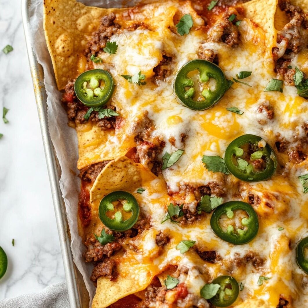 Baked nachos with melted cheese and beef fresh from the oven
