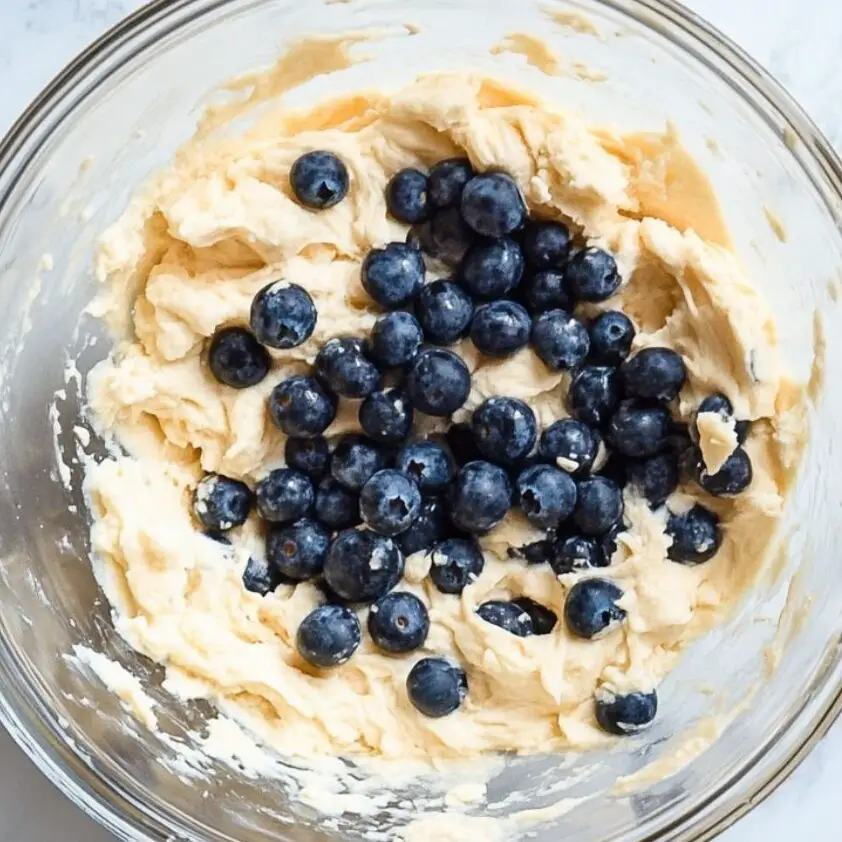 Blueberry muffin batter in a bowl with visible lumps and berries folded in