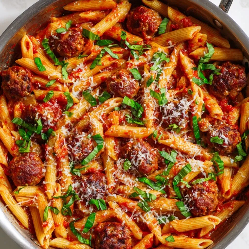 Penne and meatballs mixed with sauce, ready to serve