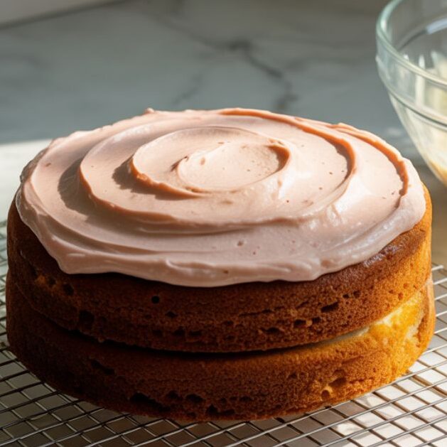 Frosting strawberry cake on wire rack