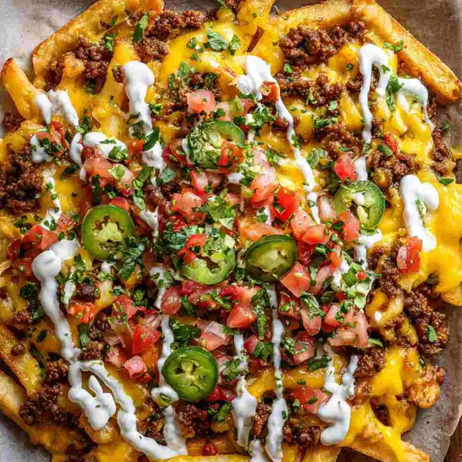 Finished Loaded Nacho Fries piled high with fresh toppings	