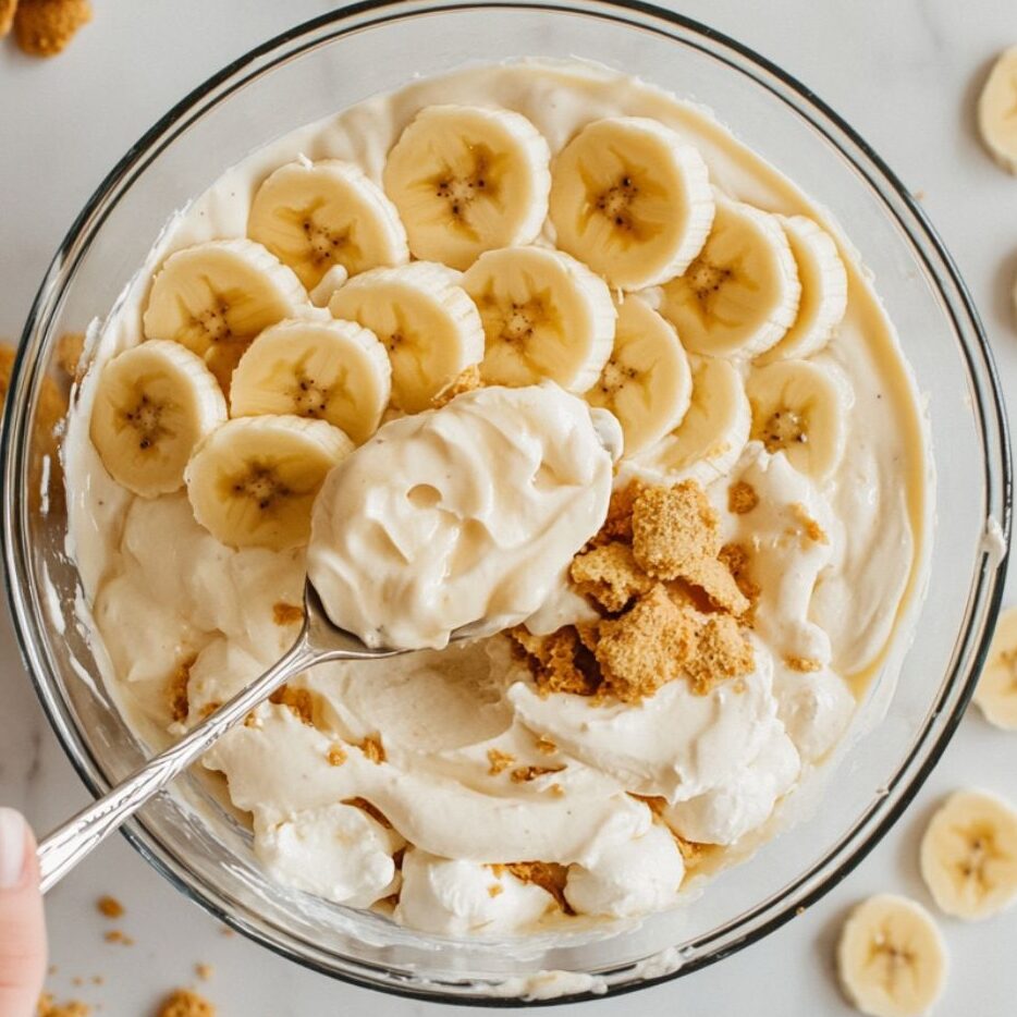 Layering vanilla wafers, bananas, and pudding in a glass trifle bowl