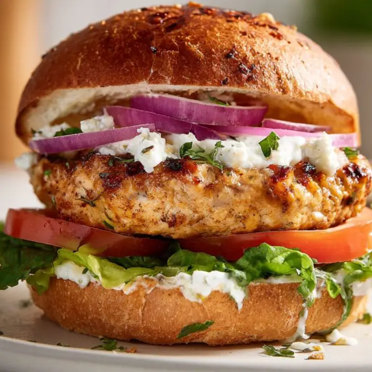 Assembling a juicy chicken feta burger with fresh toppings.