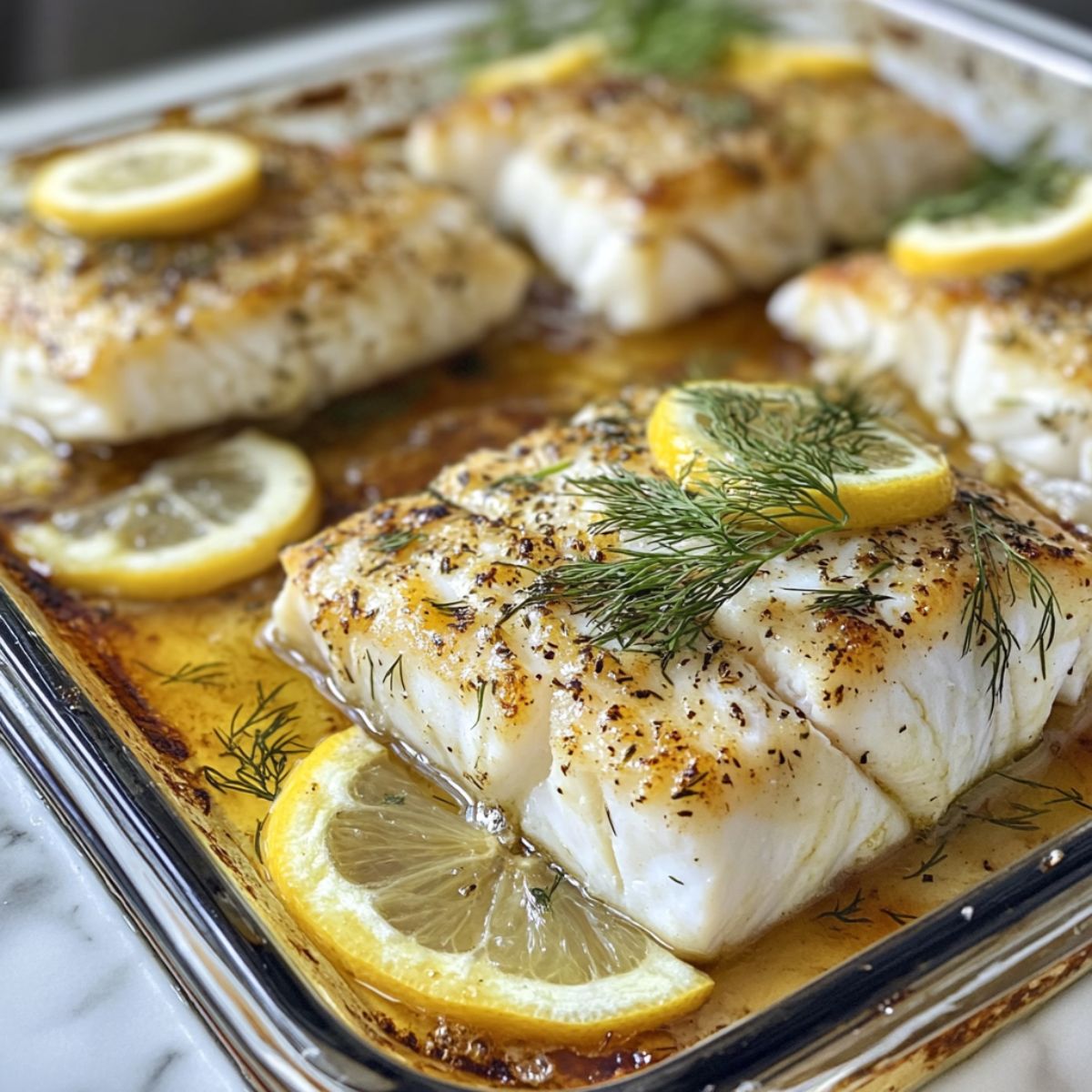  Just-baked cod fillets in a dish with garnishes and pan juices on a marble surface.