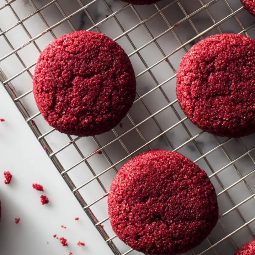 Baked red velvet cookies cooling on a rack
