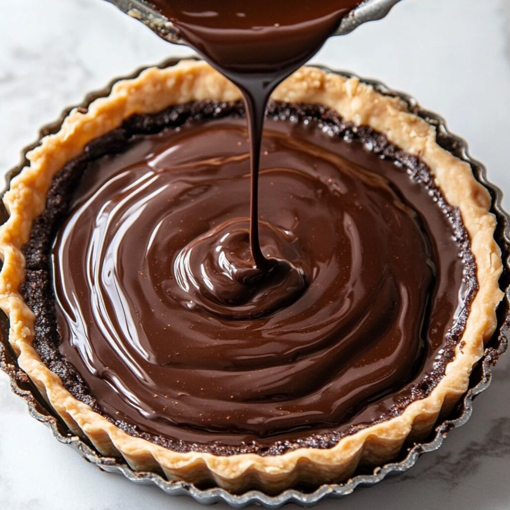 Ganache being poured into the baked tart shell