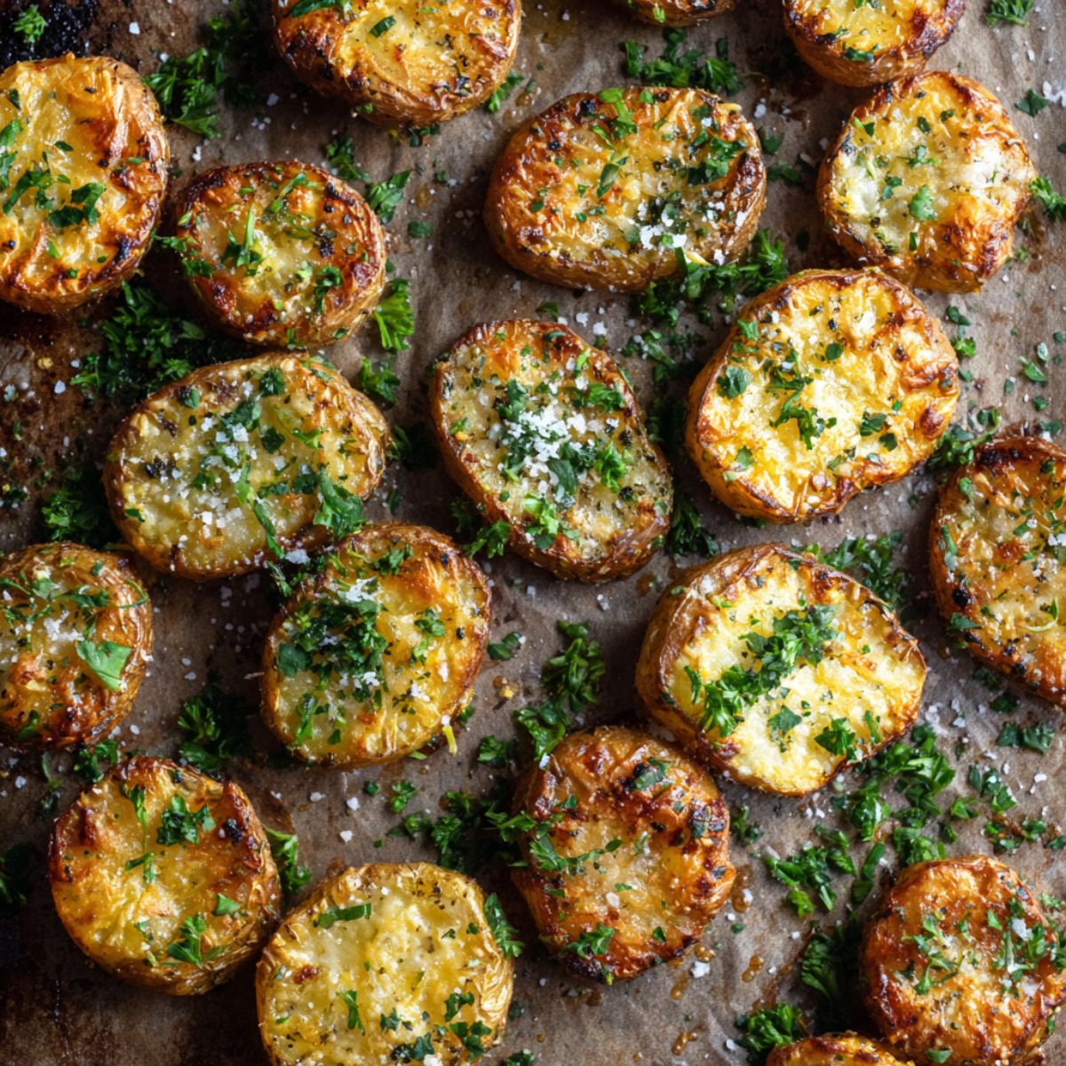 Crispy roasted ranch potatoes on a tray topped with melted cheese and parsley