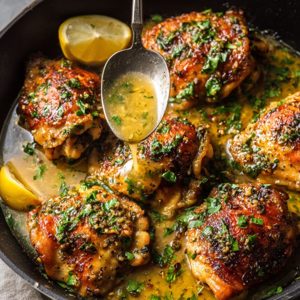Finished garlic-butter chicken thighs garnished with parsley, ready to serve.	