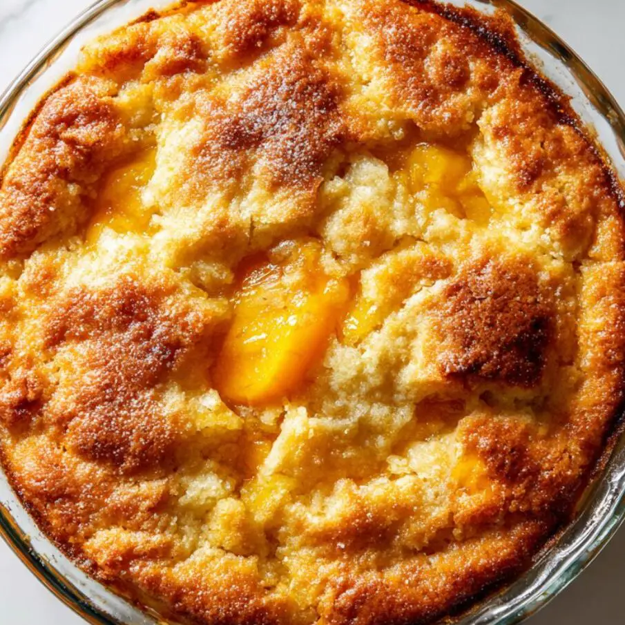 Freshly baked peach cobbler pudding with golden brown crust