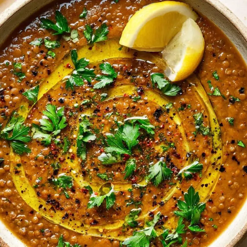 Garnished bowl of Lebanese lentil soup with lemon