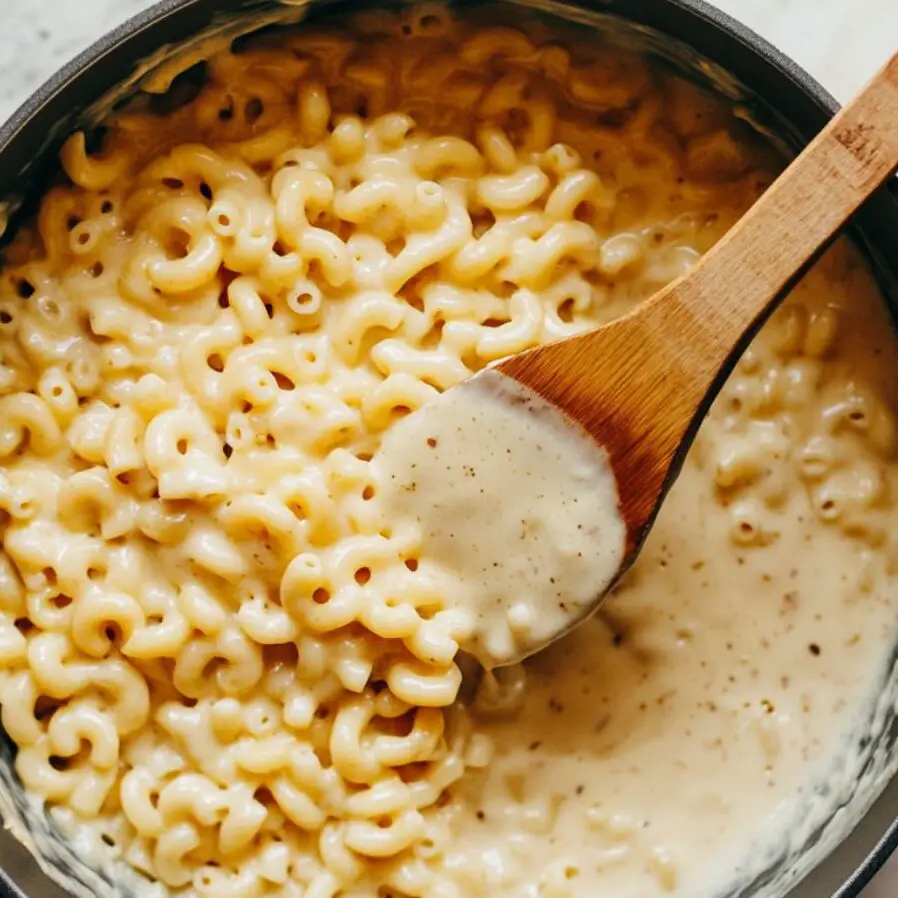 Pasta being mixed into creamy cheese sauce
