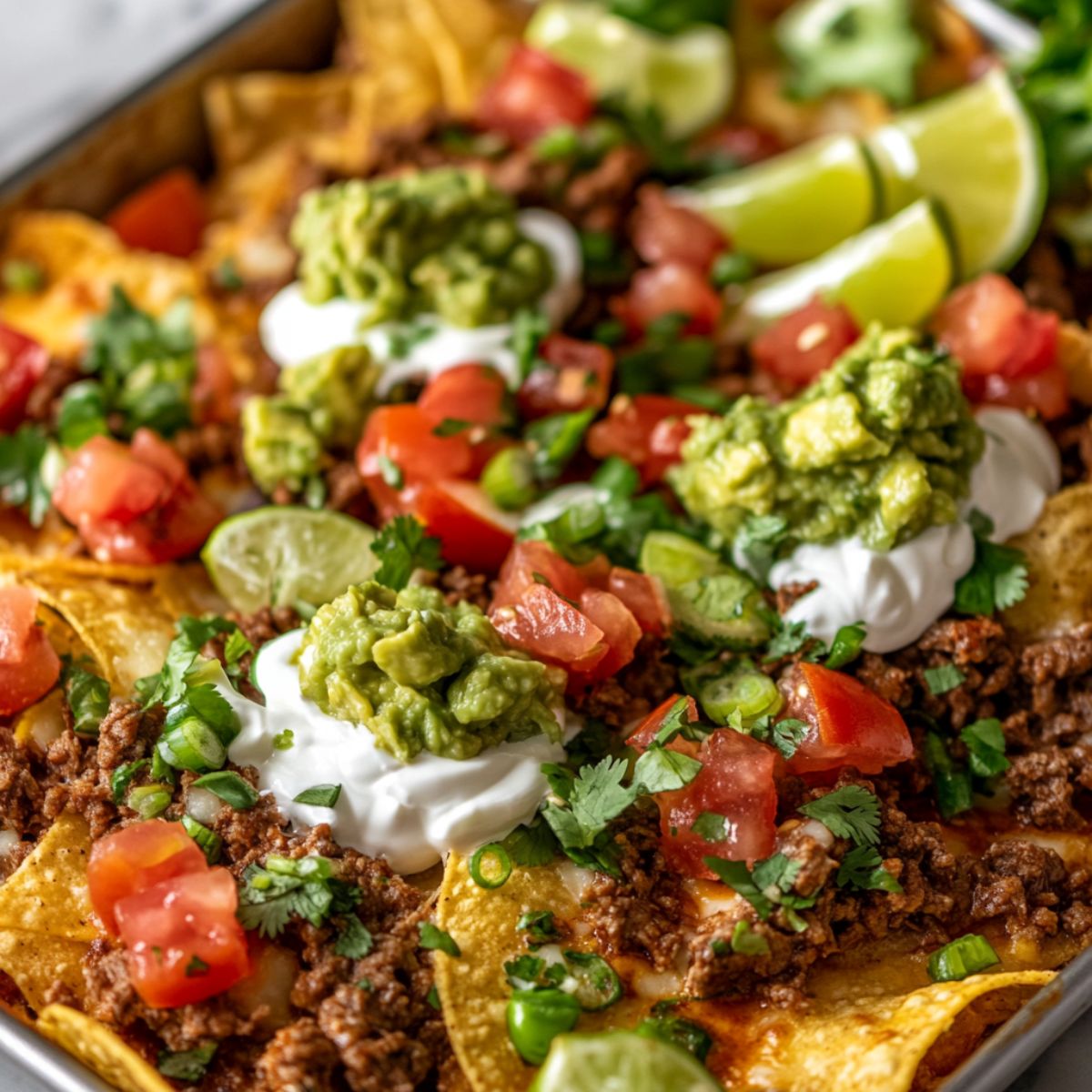 Beef nachos topped with sour cream, guacamole, tomatoes, and cilantro
