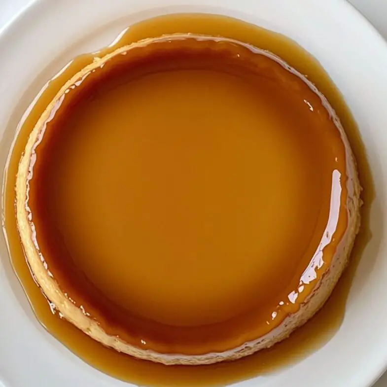 Caramel flan unmolded onto a white plate with caramel sauce flowing over the top.

