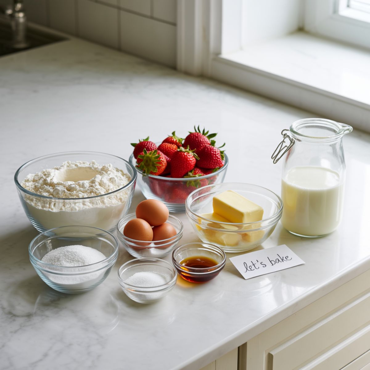 Measured ingredients for strawberry cake recipe  on white kitchen counter