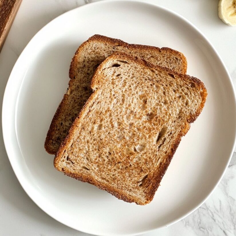 Toasted bread and freshly sliced banana on a white marble counter for almond butter banana toast.