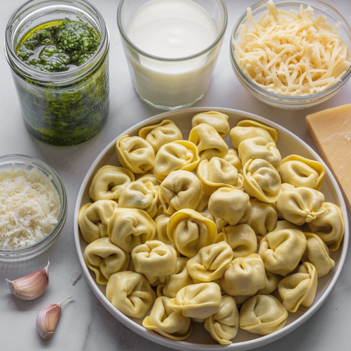 Overhead shot of all ingredients for pesto tortellini bake recipe