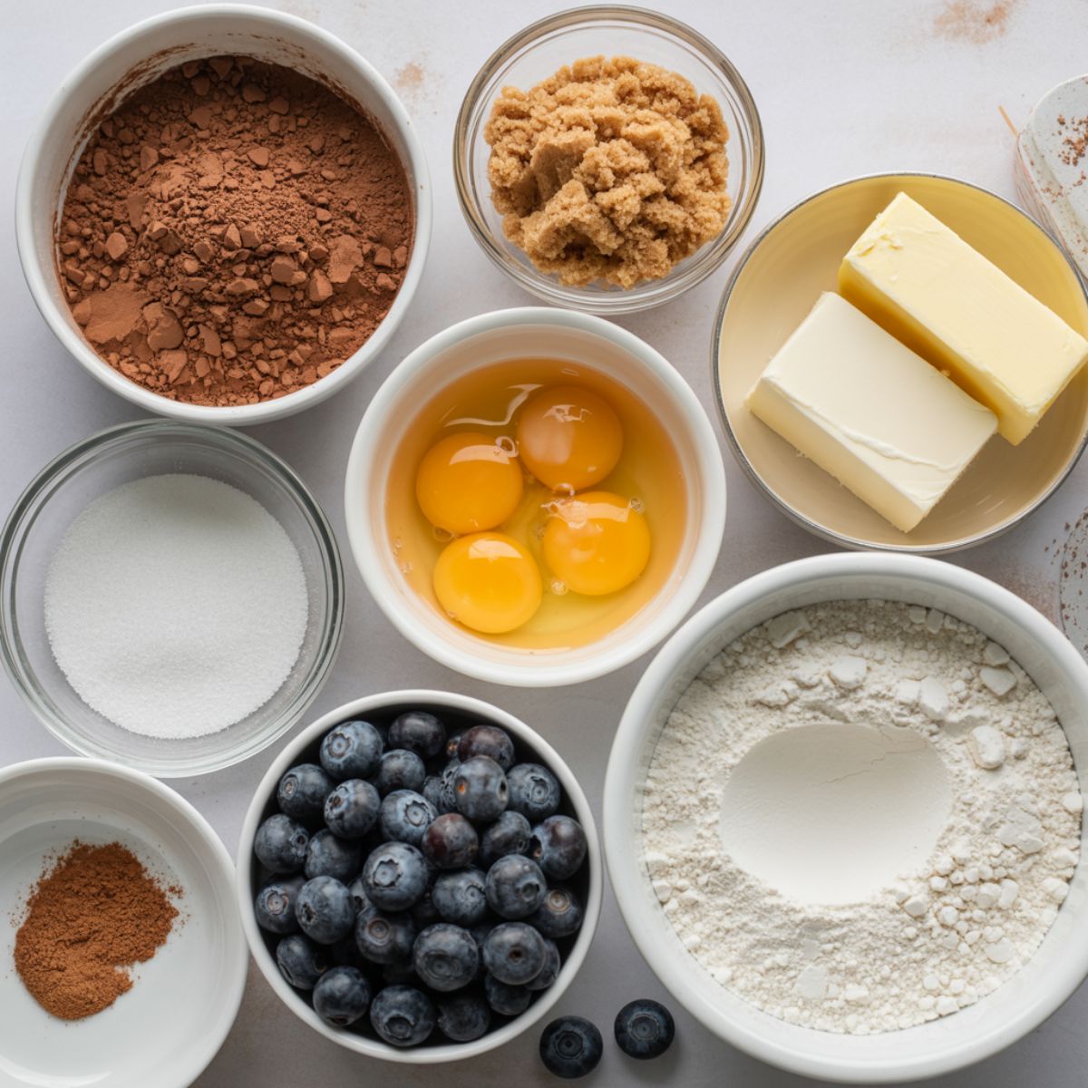 Ingredients for making blueberry brownies laid out on a kitchen counter

