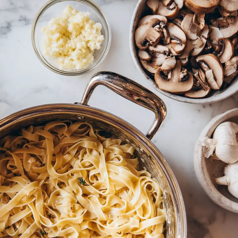 Boiling fettuccine with sliced mushrooms and garlic prepped nearby