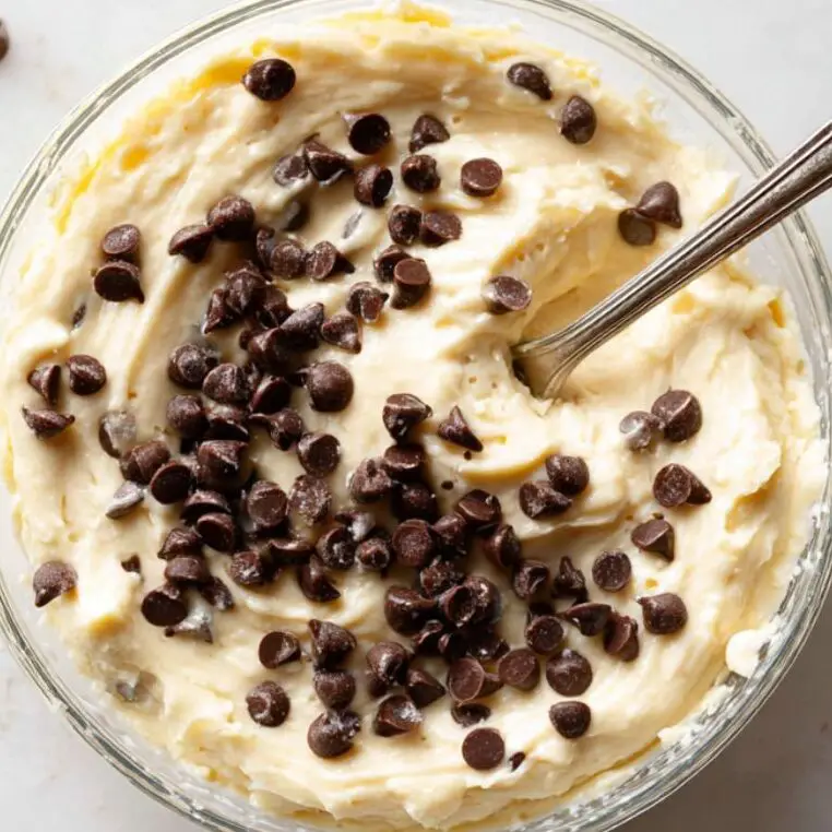 Cheesecake batter with mini chocolate chips in a bowl