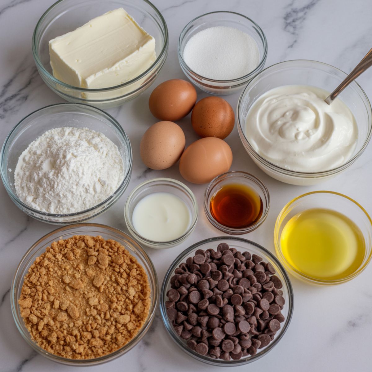 Cheesecake ingredients arranged on a white kitchen counter

