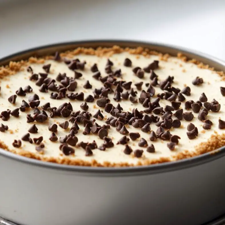 Baked chocolate chip cheesecake cooling in springform pan