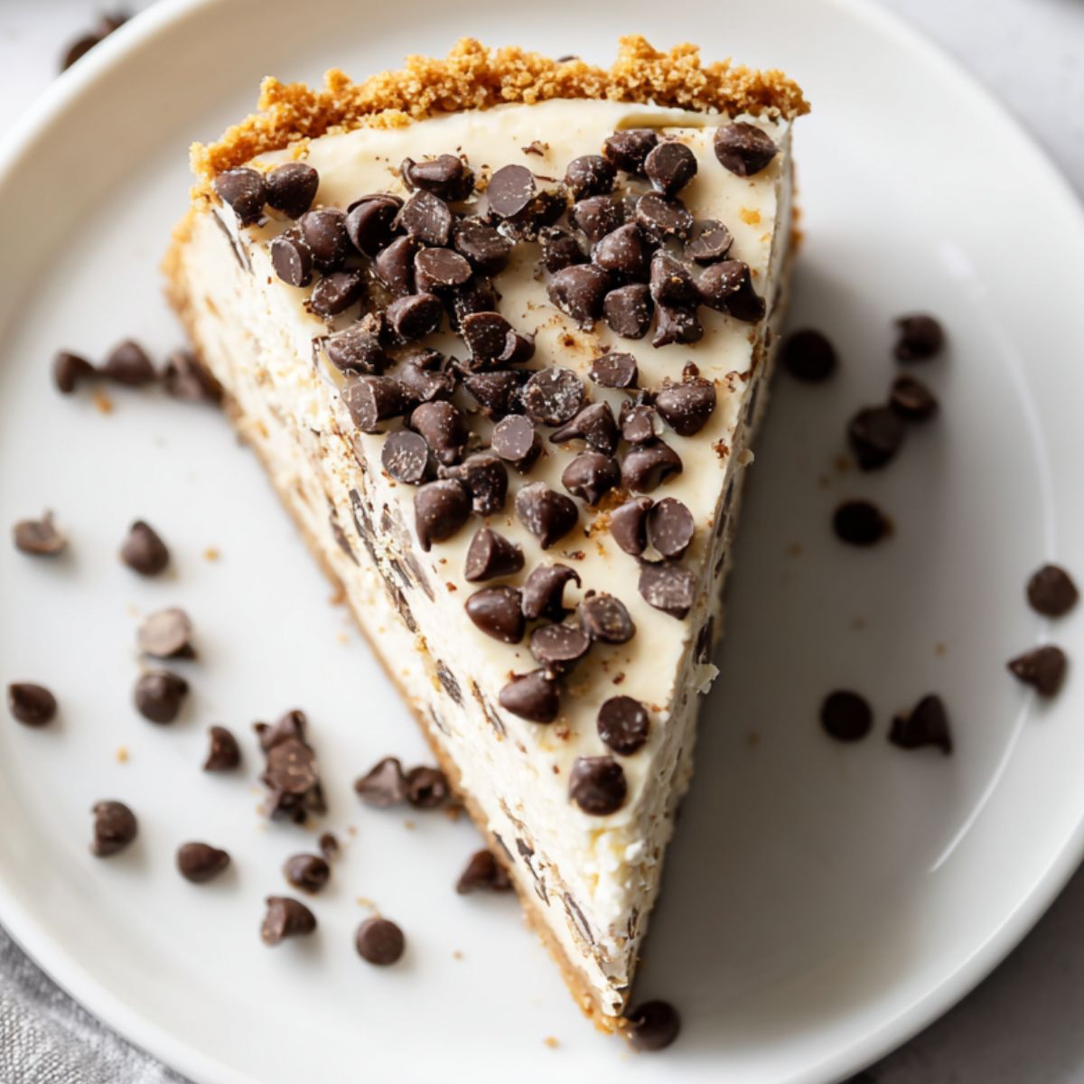 Chocolate chip cheesecake recipe slice with mini chips on white plate