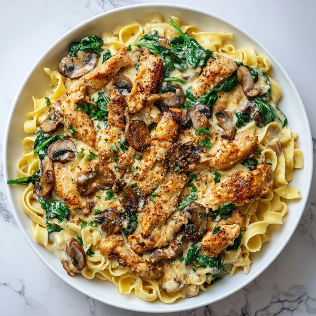 Creamy chicken tagliatelle recipe served on a white plate, overhead view with a homemade rustic feel

