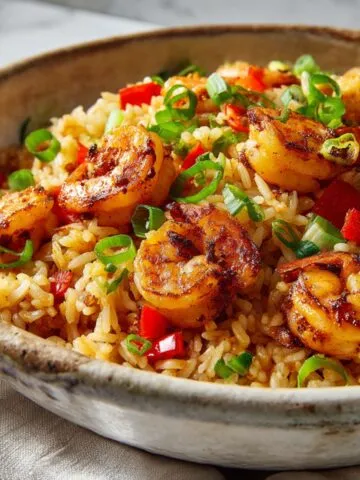 Overhead view of a bowl of homemade shrimp rice recipe with golden shrimp and vegetables on a white counter.