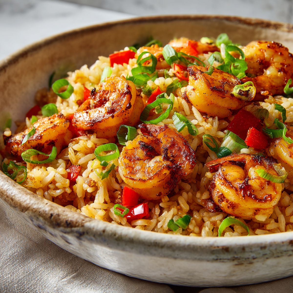 Overhead view of a bowl of homemade shrimp rice recipe with golden shrimp and vegetables on a white counter.