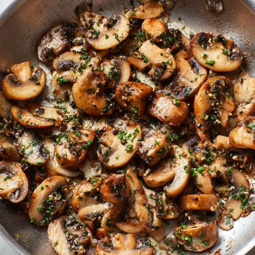 Mushrooms sautéing in a skillet for Alfredo sauce