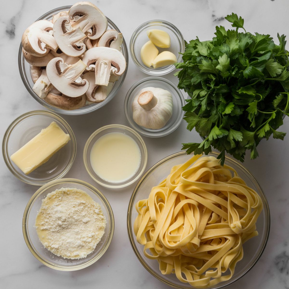 Ingredients laid out for mushroom Alfredo pasta recipe on a white counter