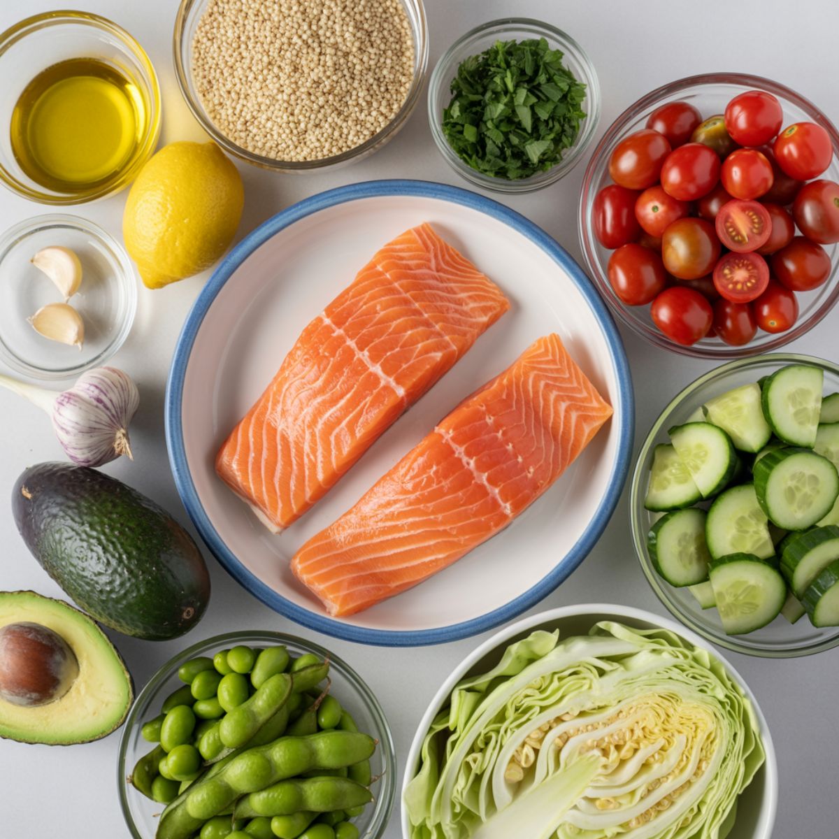 Ingredients for salmon quinoa bowl laid out on white kitchen counter

