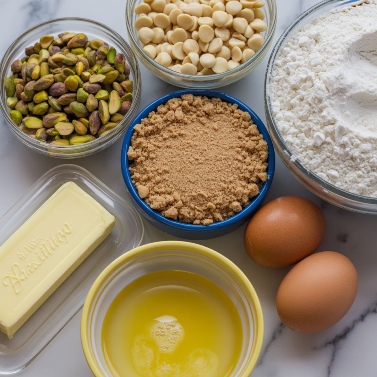 Ingredients for pistachio blondies including pistachios, chocolate chips, flour, sugar, and eggs on a white counter
