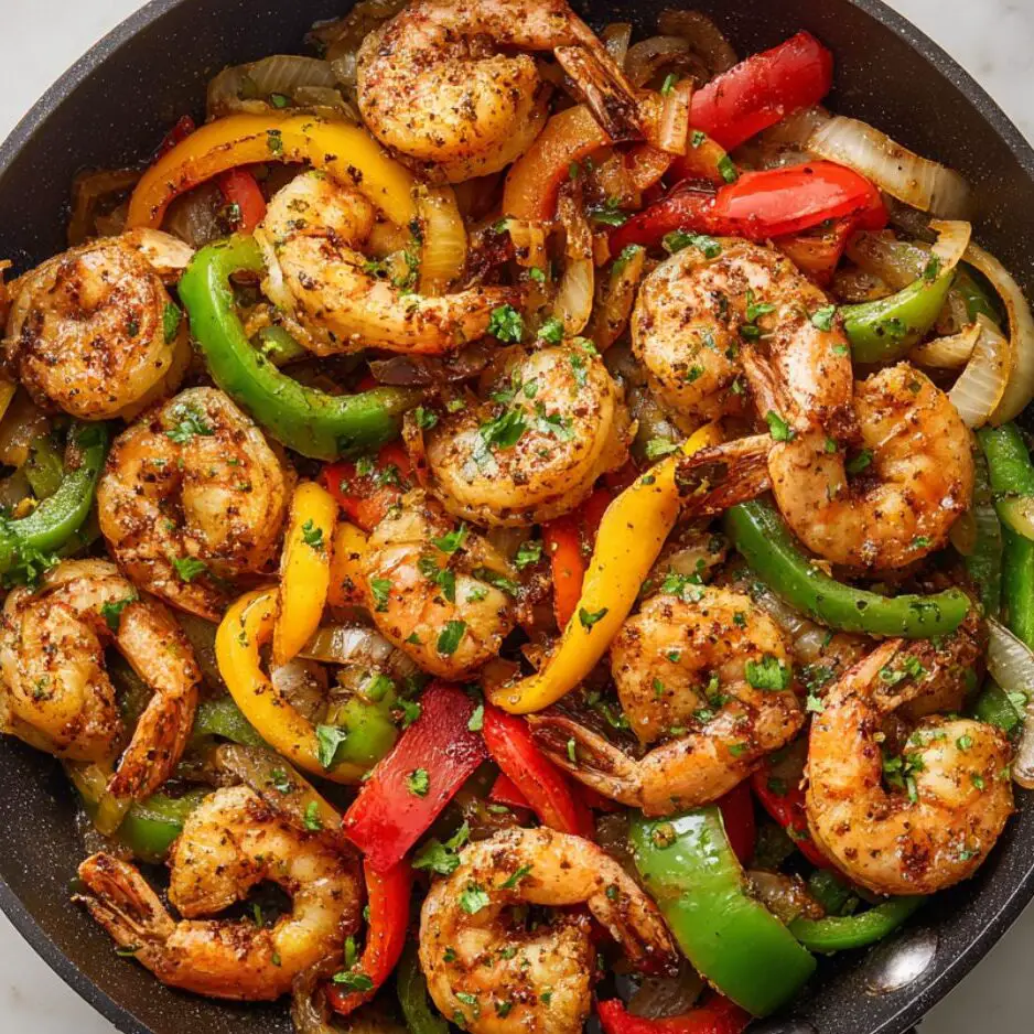 Overhead shot of shrimp and crab sautéed with peppers and onions in a skillet

