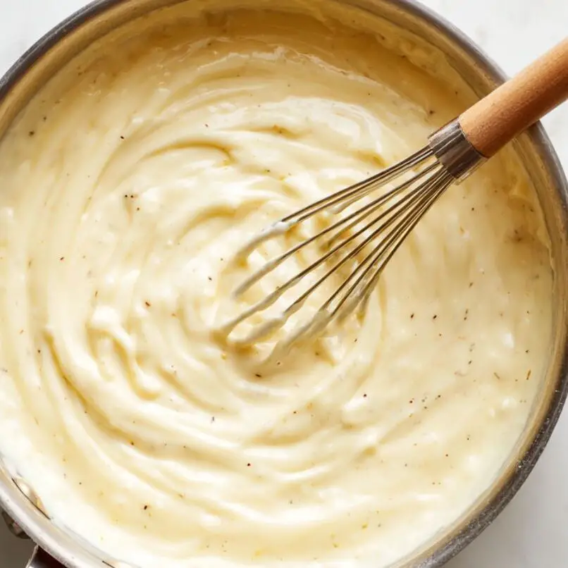 Overhead view of homemade cheese sauce simmering in a pot on white counter

