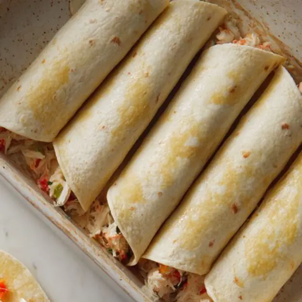 Overhead view of tortillas filled with seafood mixture on a kitchen counter

