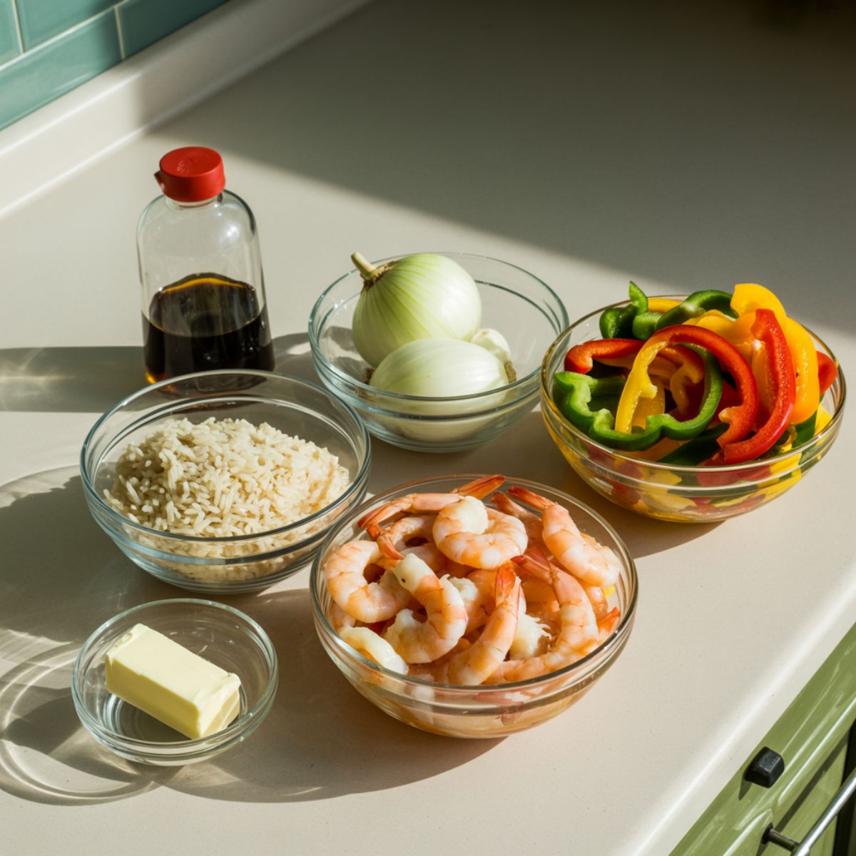 Overhead photo of raw shrimp, rice, garlic, peppers, and other ingredients casually arranged on a white kitchen counter.