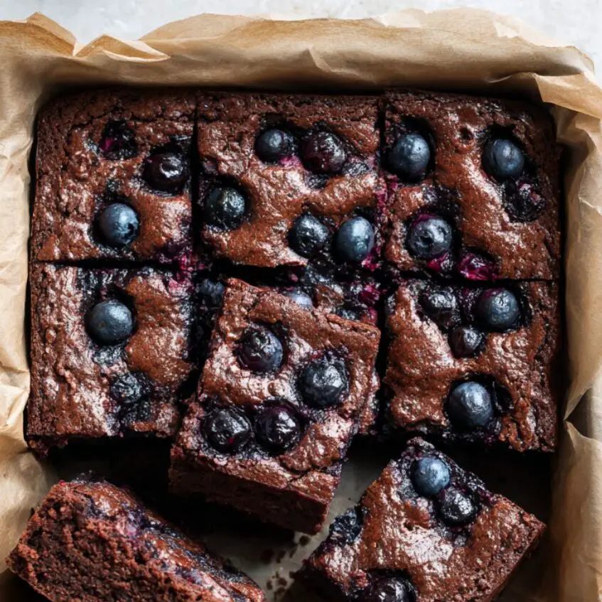 Blueberry brownies cooling in the pan before slicing


