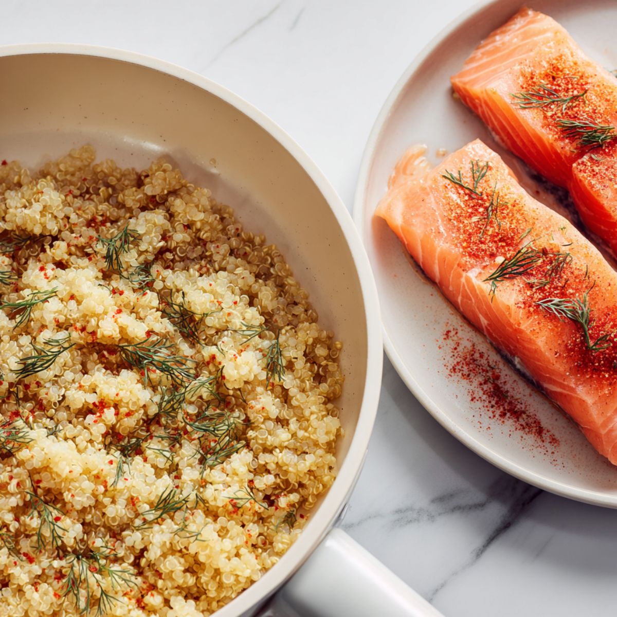 Cooked quinoa and seasoned salmon fillets on a kitchen counter


