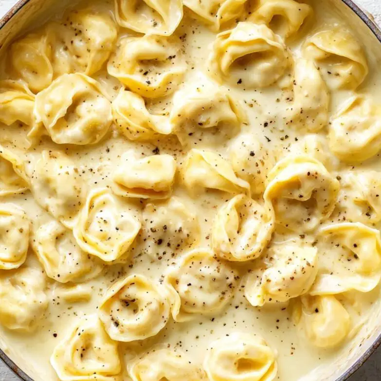 Tortellini mixed with creamy Alfredo sauce in a large pot.