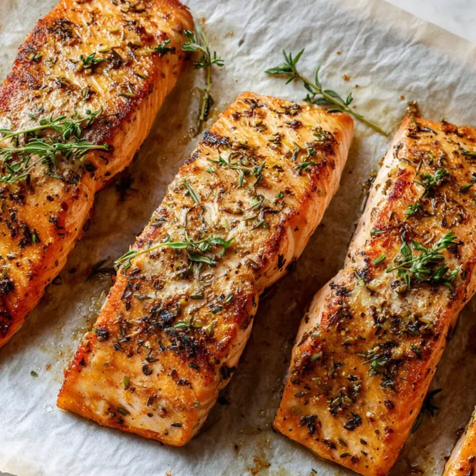 Baked salmon fillets on parchment paper with golden crispy edges

